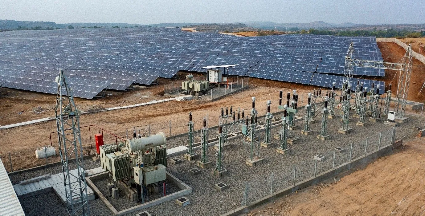 Aerial view of a Volcur Electrix solar-park substation in Gujarat